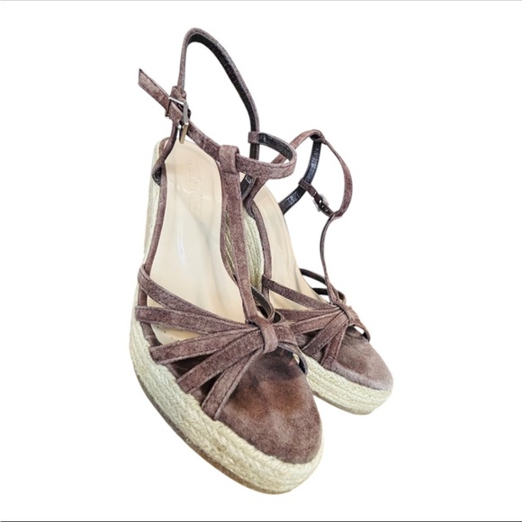 Colin Stuart Brown Suede T Strap Wedge Espadrilles Size 6.5 - Picture 2 of 10